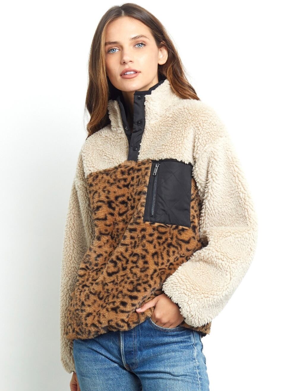 Rails Saga Fleece Pullover Faux Shearling Jacket, Cream Leopard Mix